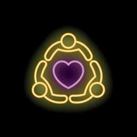 Neon icon of people holding hands around heart showing teamwork vector