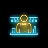 Bartender standing behind bar with glasses and bottles in neon style vector