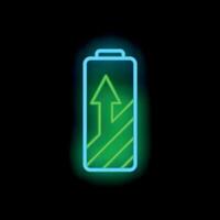 Glowing neon green battery icon showing increasing charge levels on black background vector