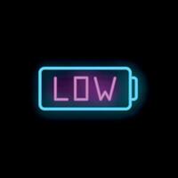 Neon sign indicating low battery status on black background vector