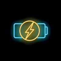 Neon battery icon glowing on dark background vector