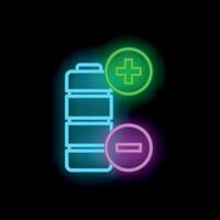 Neon battery icon showing plus and minus poles glowing on dark background vector