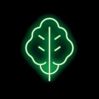 Green neon sign showing a leaf of spinach or kale on a black background vector