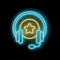 Neon icon of headset holding a star for customer feedback and support vector