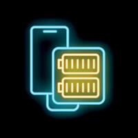 Neon icon of smartphone showing battery charging status on black background vector