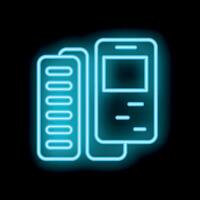 Neon mobile phone connecting to server database icon glowing on black background vector