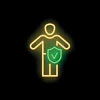 Neon sign of a person standing with a shield protecting them vector