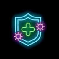 Neon shield protecting from virus with medical cross inside vector