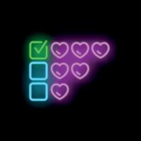 Neon check boxes with hearts showing increasing level of passion vector