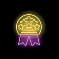 Neon sign representing quality guarantee with five stars and ribbon on black background vector