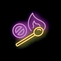 Burning match with stop sign neon icon, prohibiting open fire vector