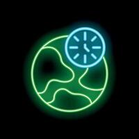 Neon icon of clock showing time zones around the world vector