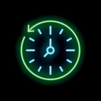 Neon clock showing time passing with circular arrow vector