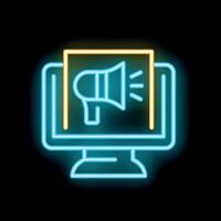 Neon icon of a megaphone on computer screen representing online marketing vector