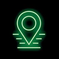 Green neon pin showing location on map on black background vector