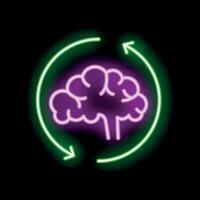 Neon brain with circular arrows representing continuous learning and brainstorming vector