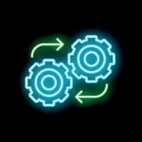 Neon gears turning and interacting with arrows showing workflow vector
