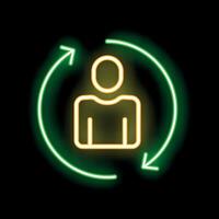 Neon icon of person surrounded by rotating arrows symbolizing continuous process vector