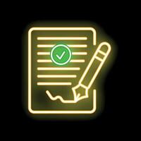 Neon sign of a document being signed with a green check mark symbol vector