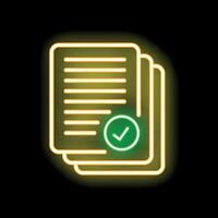 Neon icon of documents with checkmark showing validation vector