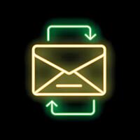 Glowing neon mailbox icon with green arrows representing messages coming in and going out vector