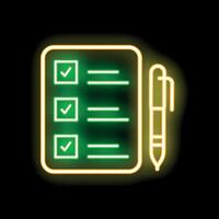 Neon green checklist with check marks and pen on black background vector