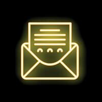Neon yellow open envelope containing letter with text and sending love hearts on black background vector
