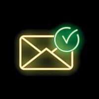 Neon icon of email envelope with green check mark showing successful delivery vector
