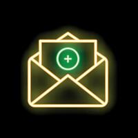 Neon mail enveloppe with plus sign glowing on black background vector