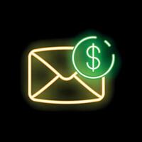 Neon mail envelope with dollar coin icon glowing on black background vector
