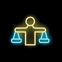 Neon sign representing person holding balance scale with equal weights vector