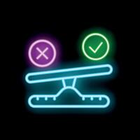 Neon seesaw showing right and wrong choice with checkmark and cross sign vector