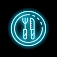Glowing neon sign depicting plate with fork and knife on black background vector