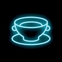 Blue neon sign featuring a cup of coffee on a saucer on a black background vector