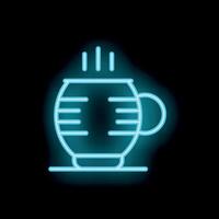 Blue neon sign depicting a steaming mug on a black background vector