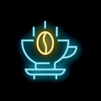 Neon coffee cup with coffee bean and steam on a black background vector