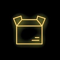 Neon yellow open cardboard box with label on black background vector