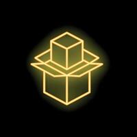 Neon sign of open box with cube inside on black background vector