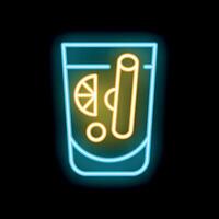 Neon sign showing cocktail glass with slice of lemon and cinnamon stick vector