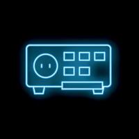 Neon blue icon of a power strip surge protector with multiple outlets glowing on black background vector