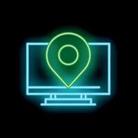 Neon green map pin icon over computer screen on black background vector