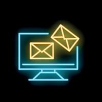 Neon icon of computer displaying envelopes for email marketing concept vector