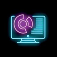 Neon computer icon showing market analysis with pie chart and data table vector