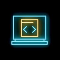 Neon computer screen showing web development code brackets icon vector