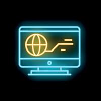 Neon icon of computer displaying global connection symbol on screen vector