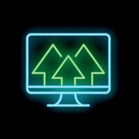 Neon computer monitor displaying three green upward arrows on black background vector