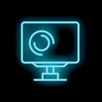 Neon blue computer monitor icon showing loading symbol on black background vector