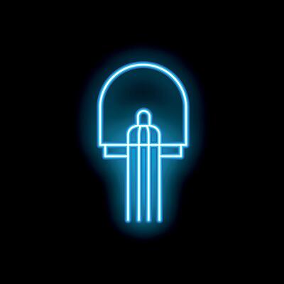 Blue neon sign showing a shower head on black background