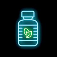 Glowing neon line medical bottle with marijuana or cannabis leaf icon isolated on black background, colorful outline concept vector