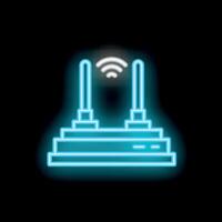 Neon wifi router emitting wireless signal icon on black background vector